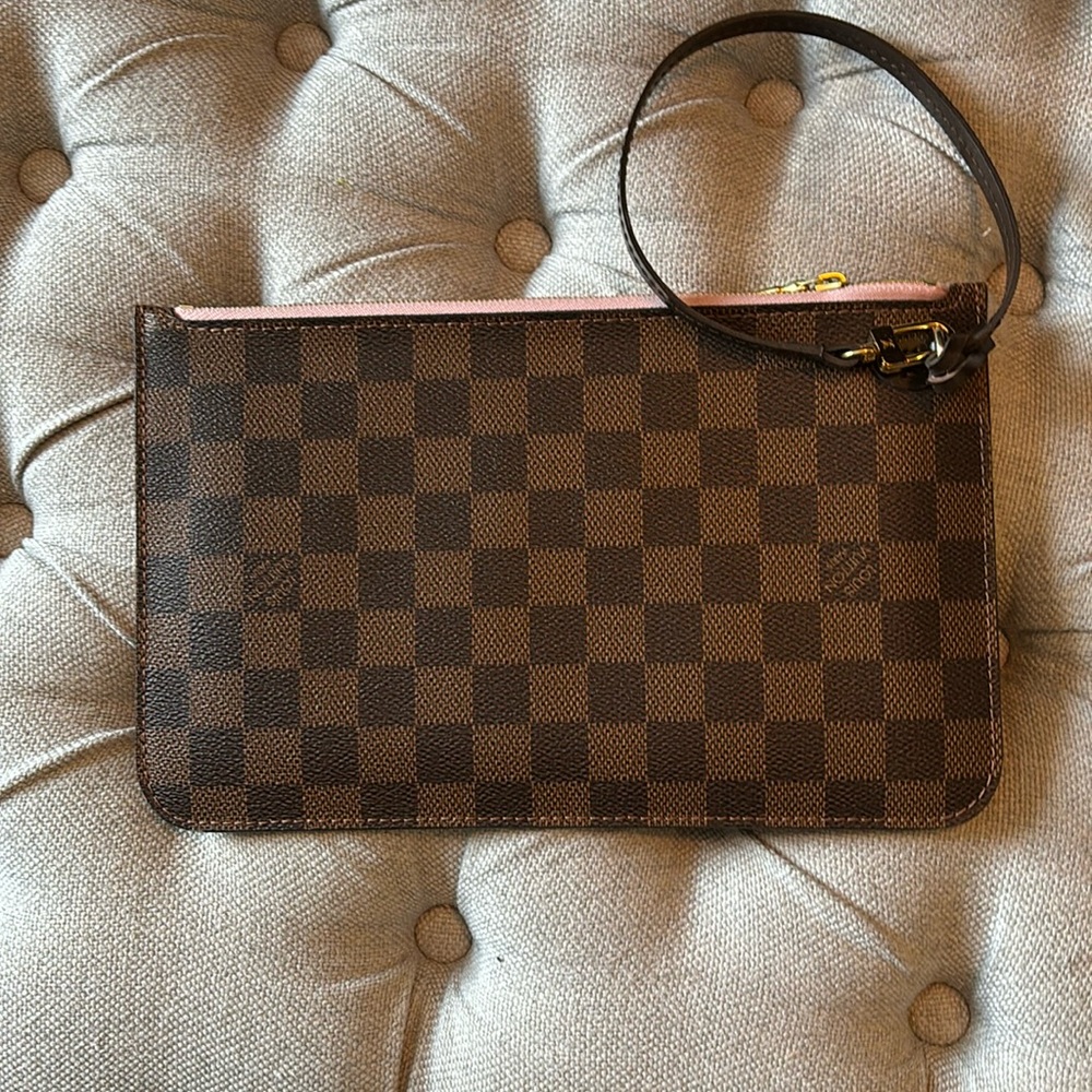Louis Vuitton Brown Damier Ebene Canvas Wristlet with Pink Trim
